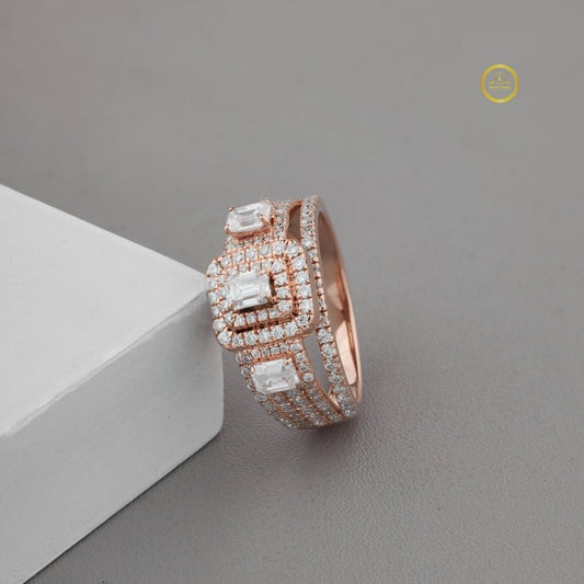 Three Stone Emerald Cut Moissanite Diamond With Double Halo Anniversary Ring - View 2