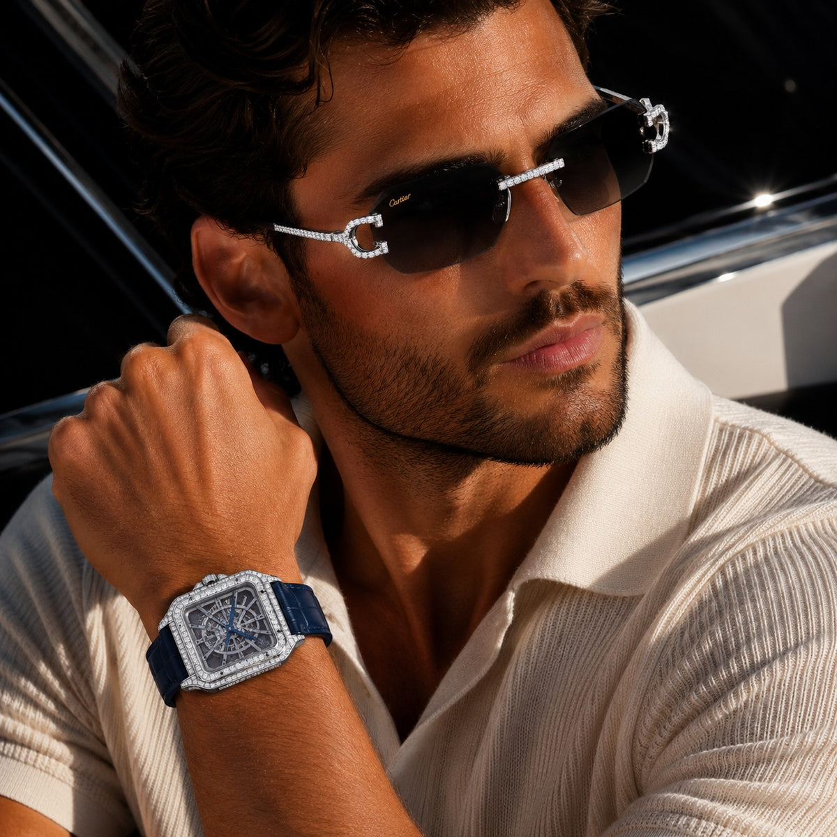 Royal Skeleton Moissanite Diamond Collection Luxury Open Work Timepiece And Signature Diamond Eyewear Set - View 2