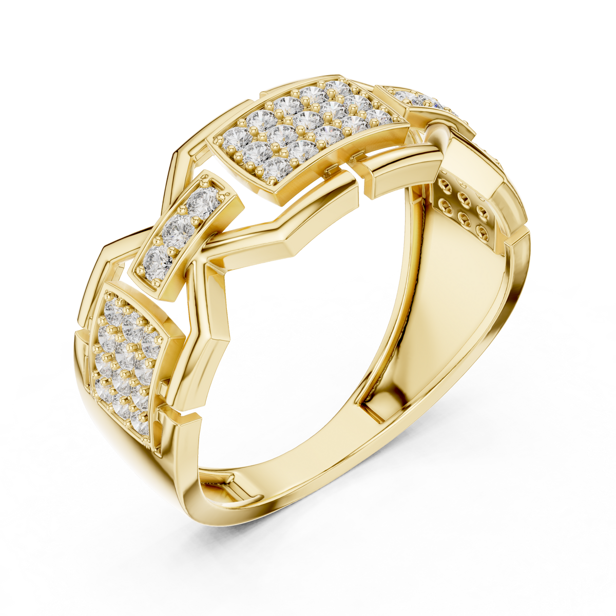 Round Cut Lab Grown Diamond Men's Rectangular Pave Openwork Gold Ring - View 2
