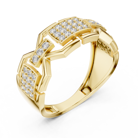 Round Cut Moissanite Diamond Men's Rectangular Pave Openwork Gold Ring - View 2