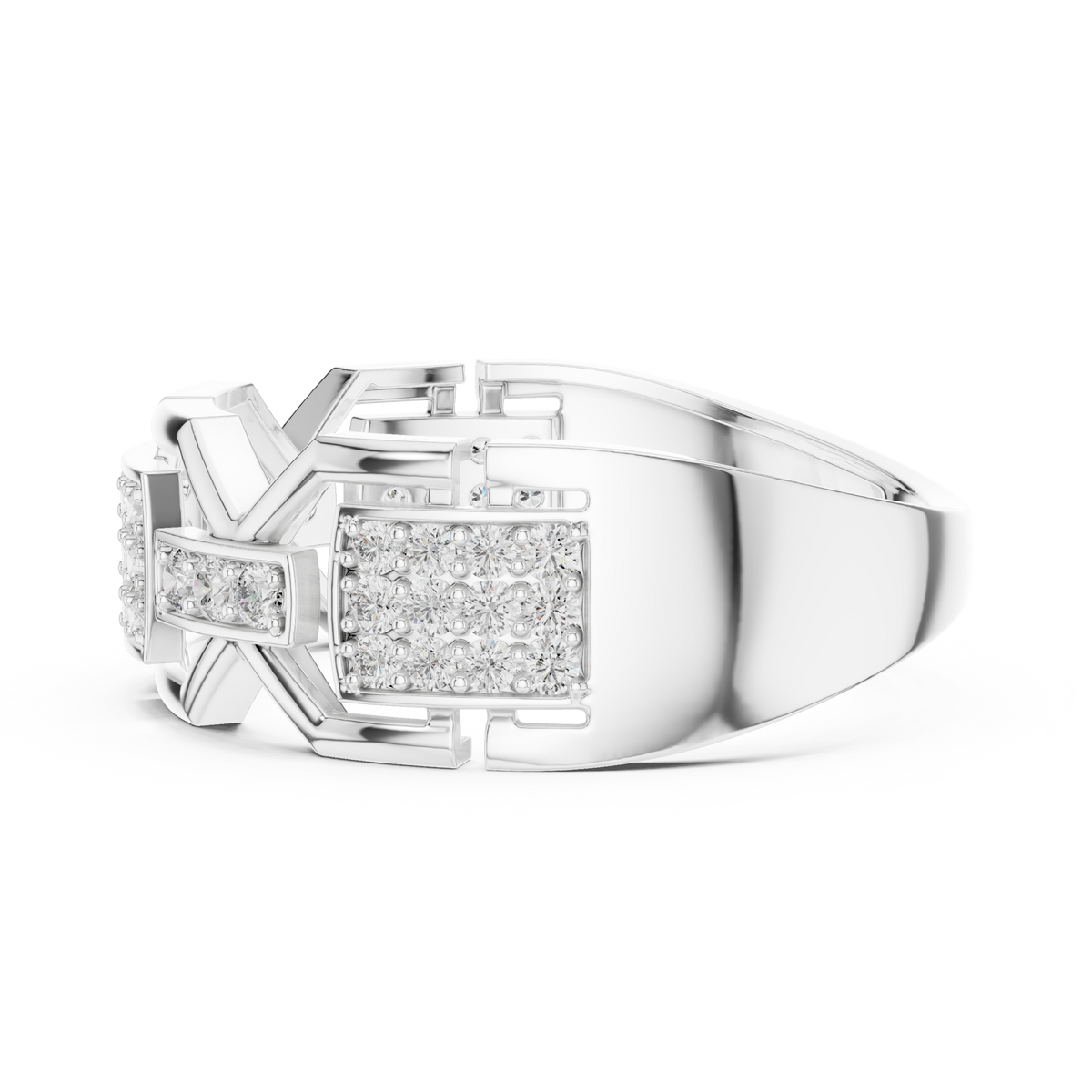 Round Cut Moissanite Diamond Men's Rectangular Pave Openwork Gold Ring - View 10