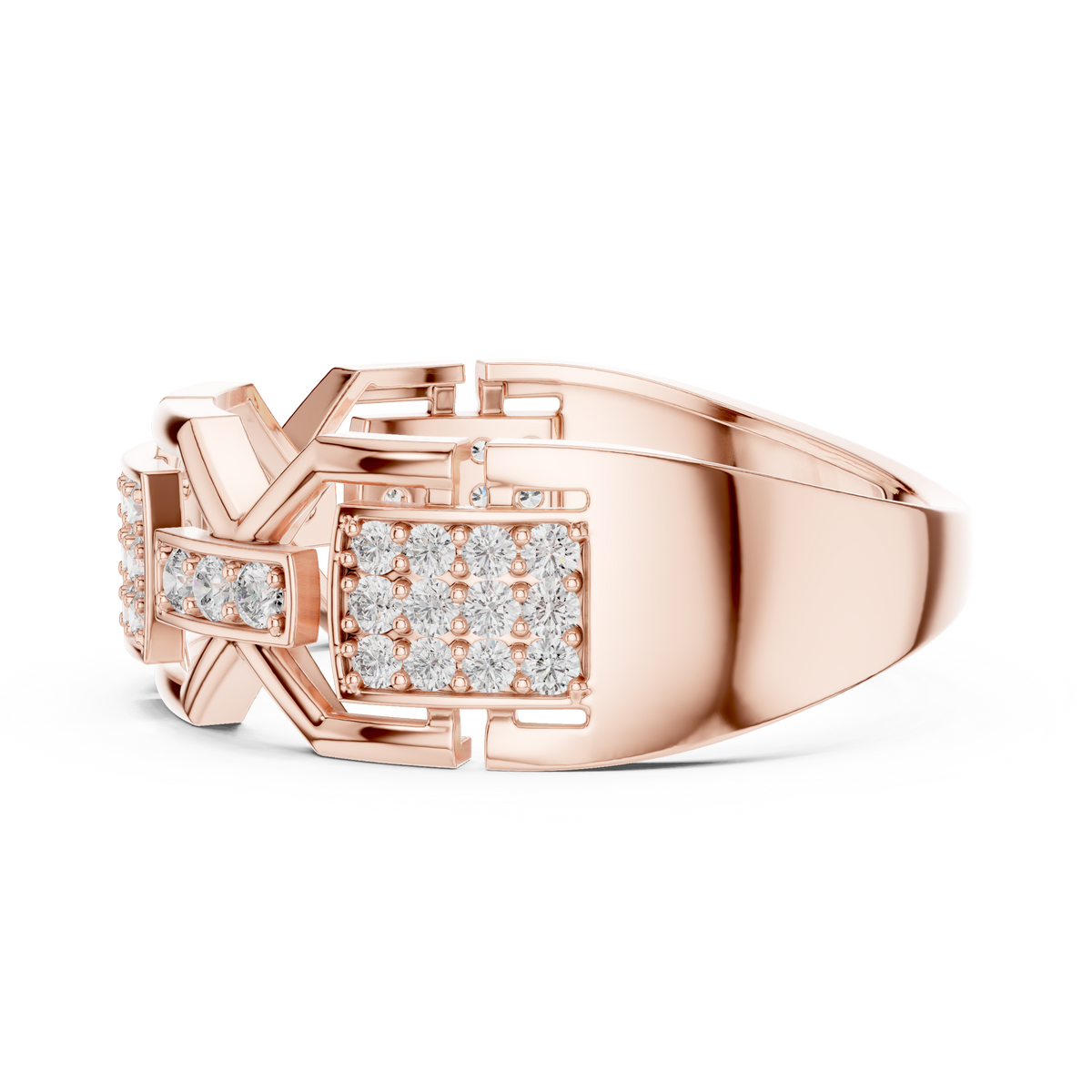 Round Cut Moissanite Diamond Men's Rectangular Pave Openwork Gold Ring - View 7