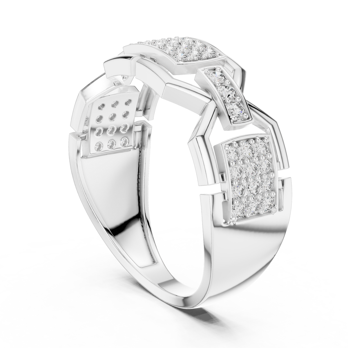 Round Cut Moissanite Diamond Men's Rectangular Pave Openwork Gold Ring - View 9