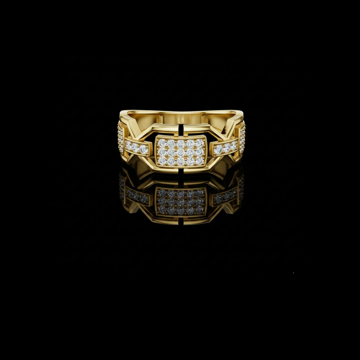 Round Cut Moissanite Diamond Men's Rectangular Pave Openwork Gold Ring