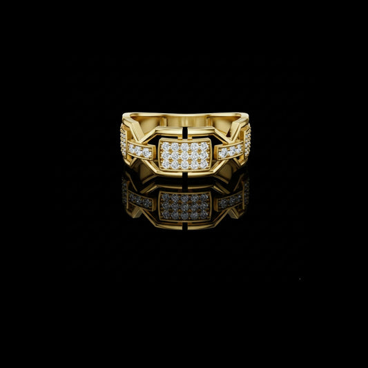 Round Cut Moissanite Diamond Men's Rectangular Pave Openwork Gold Ring