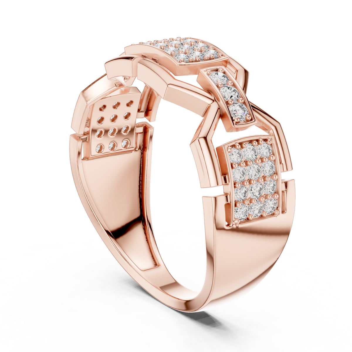 Round Cut Moissanite Diamond Men's Rectangular Pave Openwork Gold Ring - View 6