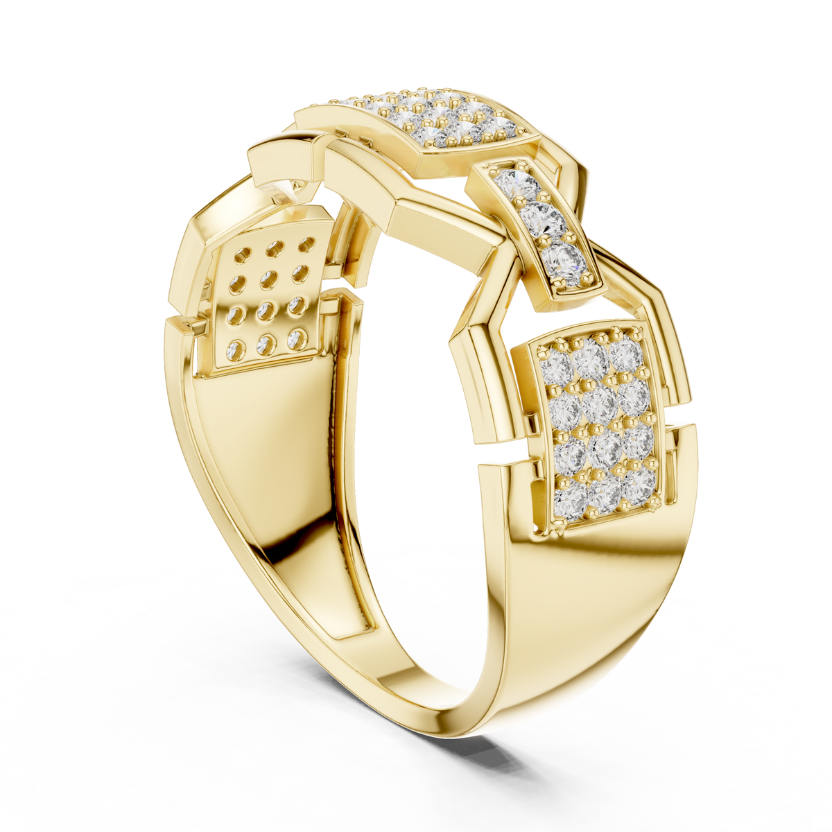 Round Cut Moissanite Diamond Men's Rectangular Pave Openwork Gold Ring - View 3