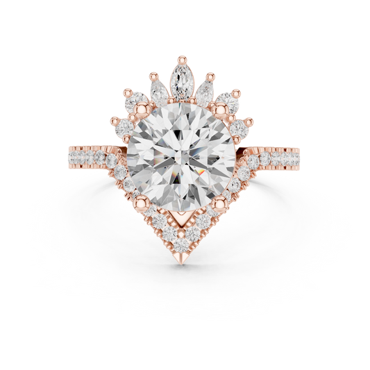 Round Cut Moissanite Diamond Cluster Engagement Ring with Crown Accents - View 2