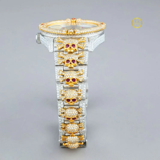 Exquisite Gold and Silver Lab Diamond-Studded Luxury Watch with Pink Baguette Markers, Artistic Dial, and Bow-Link Bracelet Design