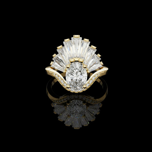 Oval Lab Diamond Art Deco Ring With Tapered Baguette Side Stones