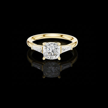 Cushion Cut Lab Diamond Three Stone Engagement Ring with Baguette Accents