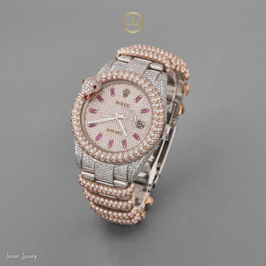 Exquisite Two-Tone Iced-Out Luxury Lab Grown Watch with Ruby Accents and Snake-Inspired Design