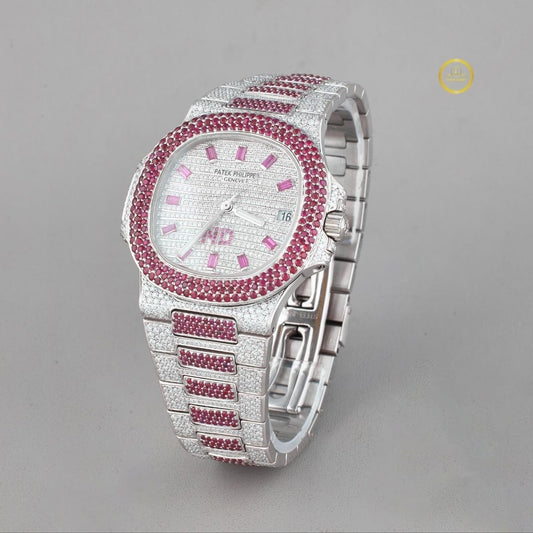 Full Iced Out Pave Set Ruby & White Moissanite Diamond Custom Watch - Luxury Dual Tone Men’s Timepiece