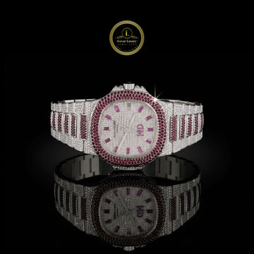 Full Iced Out Pave Set Ruby & White Lab Grown Diamond Custom Watch - Luxury Dual Tone Men’s Timepiece