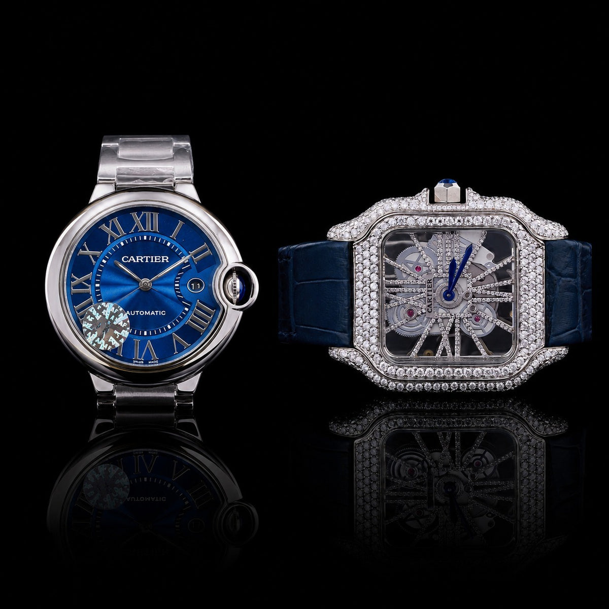 Sapphire Diamond Legacy Collection Luxury Blue Dial Timepiece & Skeleton Moissanite Diamond Masterpiece Duo