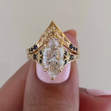 Vintage Marquise Cut Lab Diamond Bridal Ring Set
