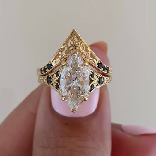 Vintage Marquise Cut Lab Diamond Bridal Ring Set
