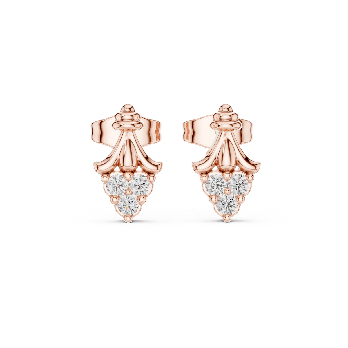 Vintage Scroll Triple Round Moissanite Diamond Cluster Ornate Crown Motif Stud Earrings - View 2