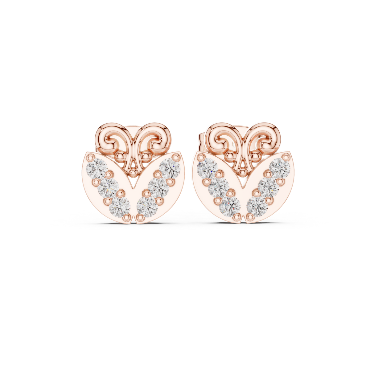 Butterfly Inspired Round Moissanite Diamond Stud Earrings with Open Scroll Design - View 2