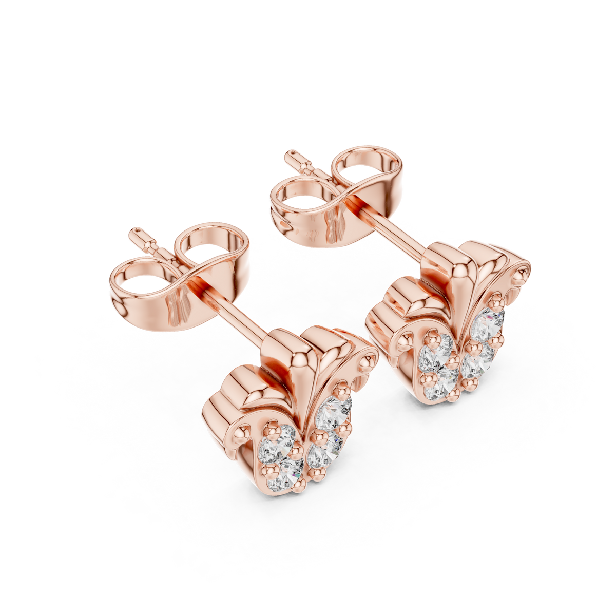 Regal Quartet Round Lab Diamond Stud Earrings with Sculpted Crest Design - View 5