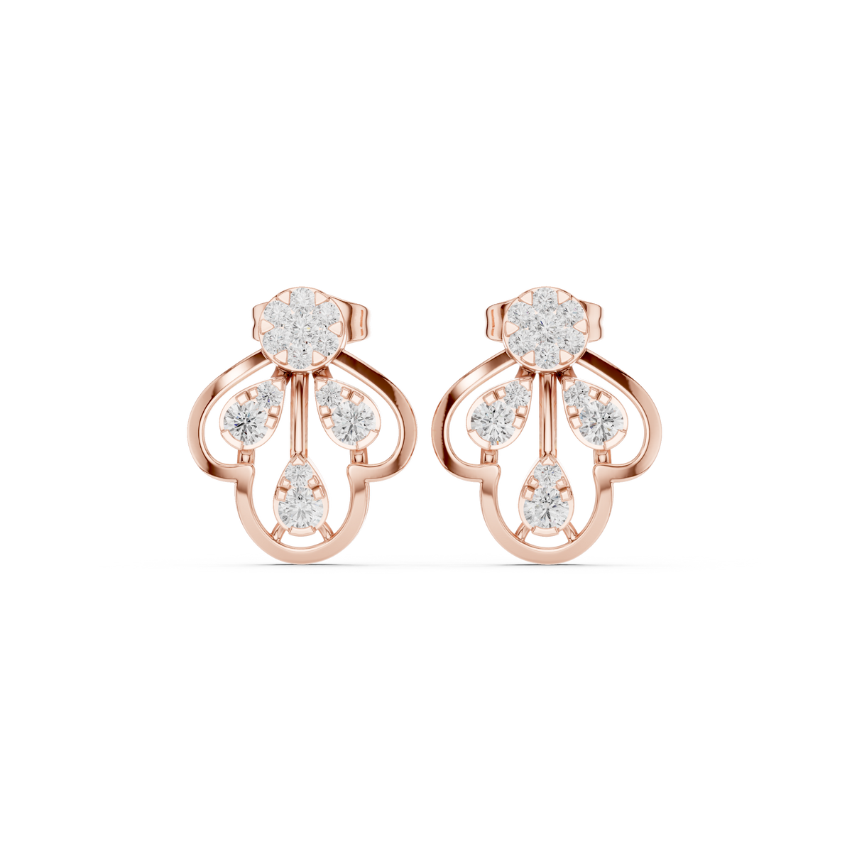 Openwork Lotus Motif Round Brilliant Lab Diamond Stud Earrings For Women - View 2
