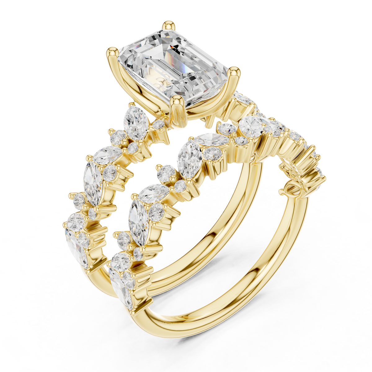 Emerald Cut Moissanite Diamond Women's Marquise Cluster Bridal Ring Set - View 4