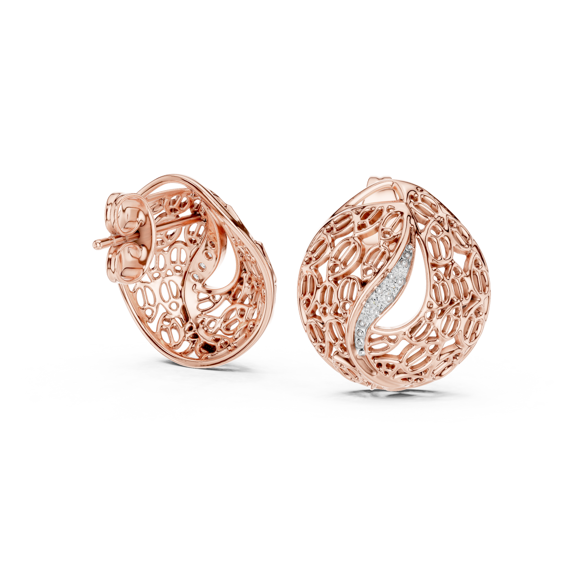 Artisan Filigree Wave Round Moissanite Diamond Stud Earrings with Curved Pave Accent - View 7