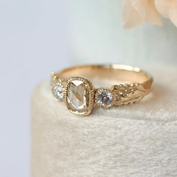 Cushion Rose Cut Vintage Three Stone Bezel Lab Diamond Engagement Ring
