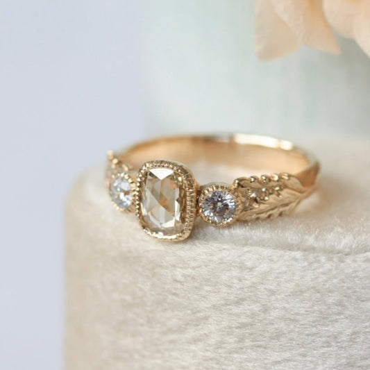 Cushion Rose Cut Vintage Three Stone Bezel Lab Diamond Engagement Ring