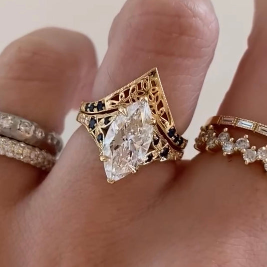 Vintage Marquise Cut Lab Diamond Bridal Ring Set - View 2