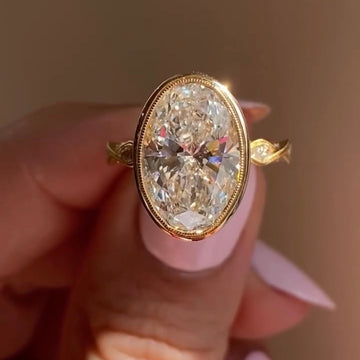 Vintage Vine Oval Cut Lab Diamond Bezel Set Engagement Ring