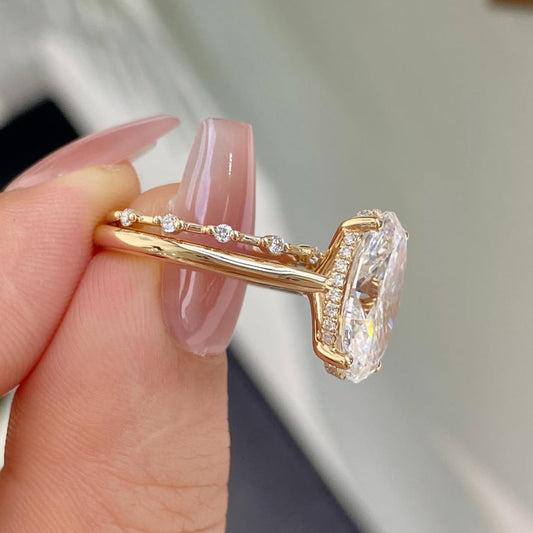 Hidden Halo Oval Lab Diamond Engagement Ring With Minimalist Band - View 2
