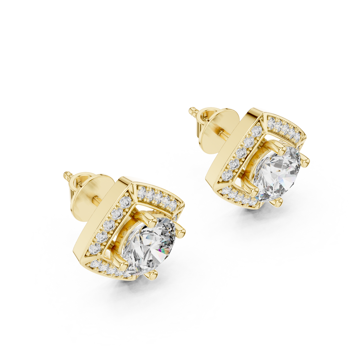 Iconic Geometric Round Moissanite Diamond Cushion Shape Halo Stud Earrings - View 2
