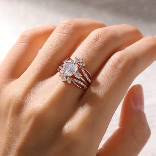 Oval Moissanite Diamond Floral Bridal Ring Set With Side Twisted Band - View 2