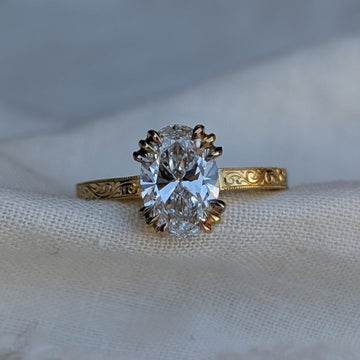 Vintage Oval Moissanite Diamond Engraved Solitaire Engagement Ring