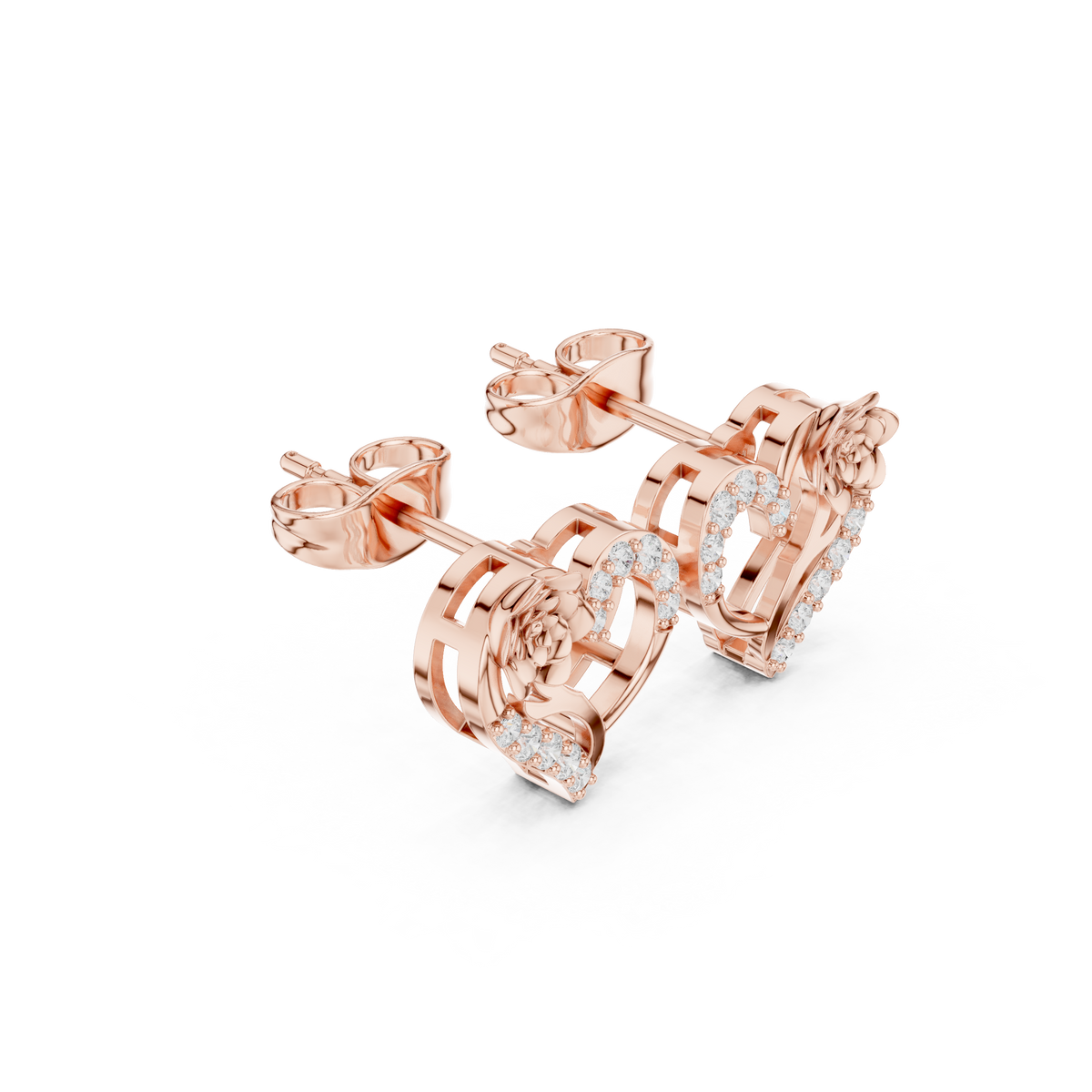 Rose Flower Heart Round Brilliant Cut Lab Diamond Stud Earrings Floral Openwork - View 3