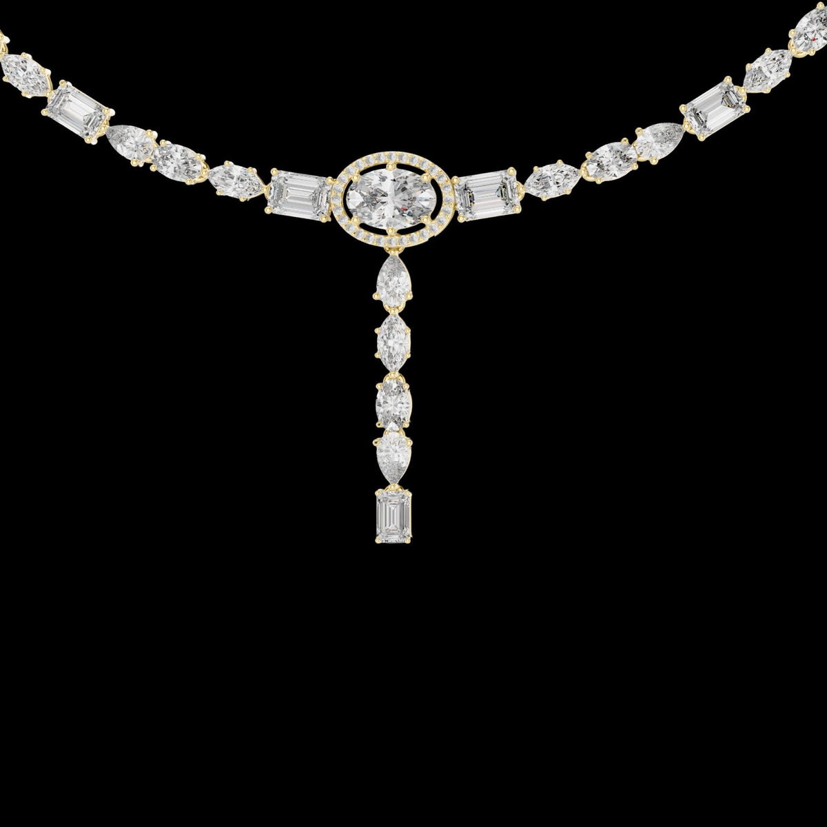Halo Oval Moissanite Diamond Y Necklace with Mixed Cut Drop Pendant