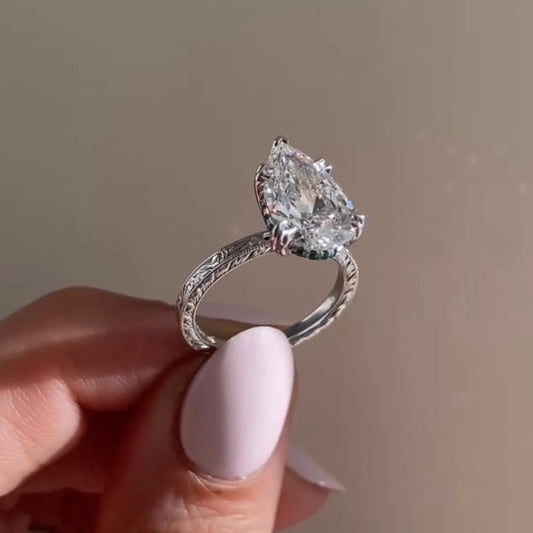 Pear Cut Lab Diamond Solitaire Ring Hidden Halo With Engraved Vintage Band - View 2