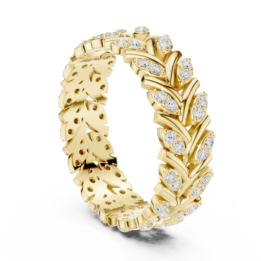 Round Cut Moissanite Diamond Laurel Leaf Eternity Wedding Band Ring - View 2