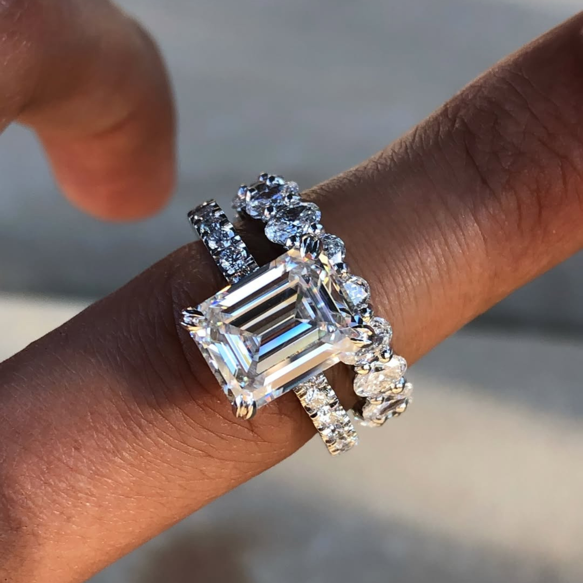 Emerald Cut Moissanite Diamond Women's Double Claw Eternity Bridal Set - View 3