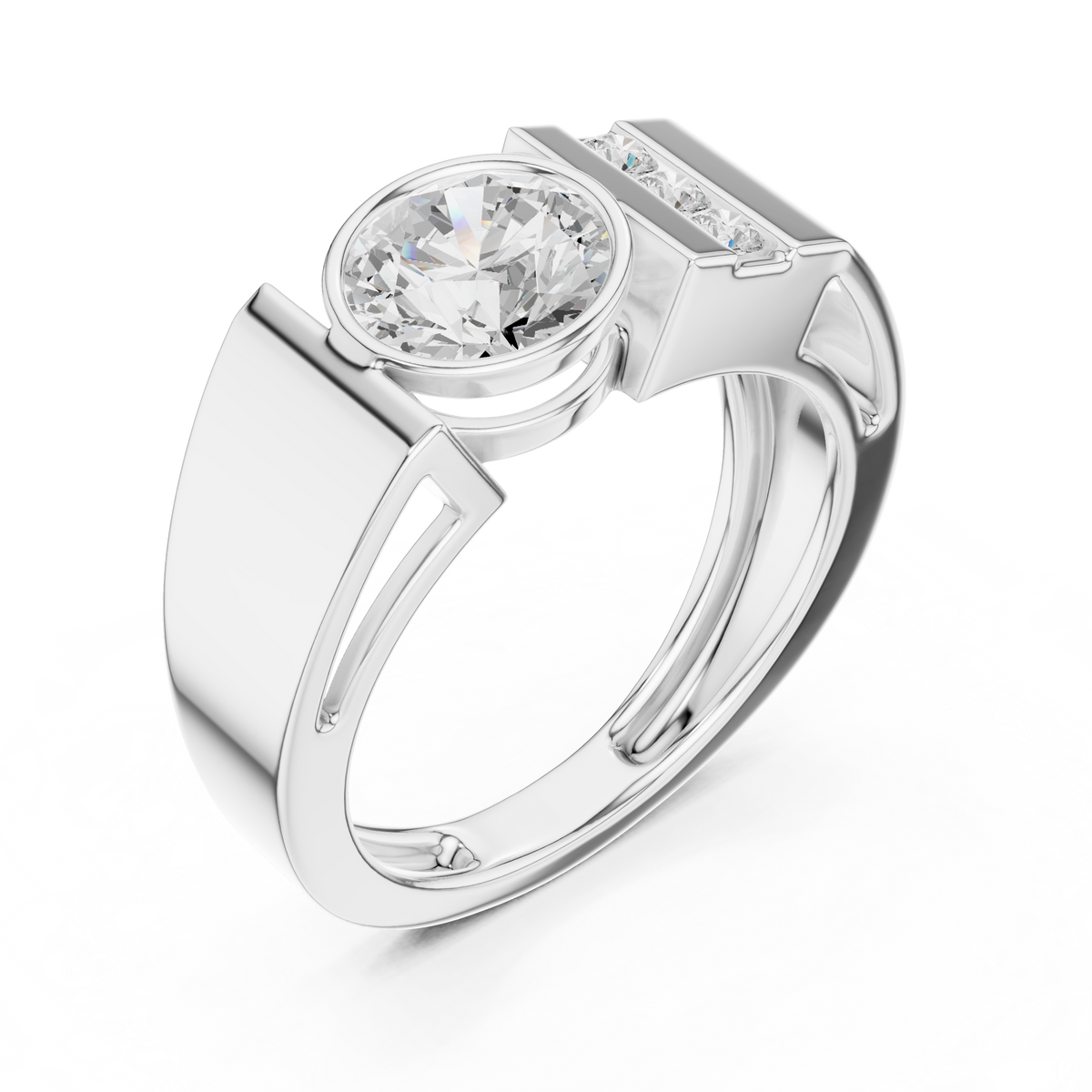 Round Cut Lab Grown Diamond Men's Three Stone Side Accent Wedding Ring - View 4