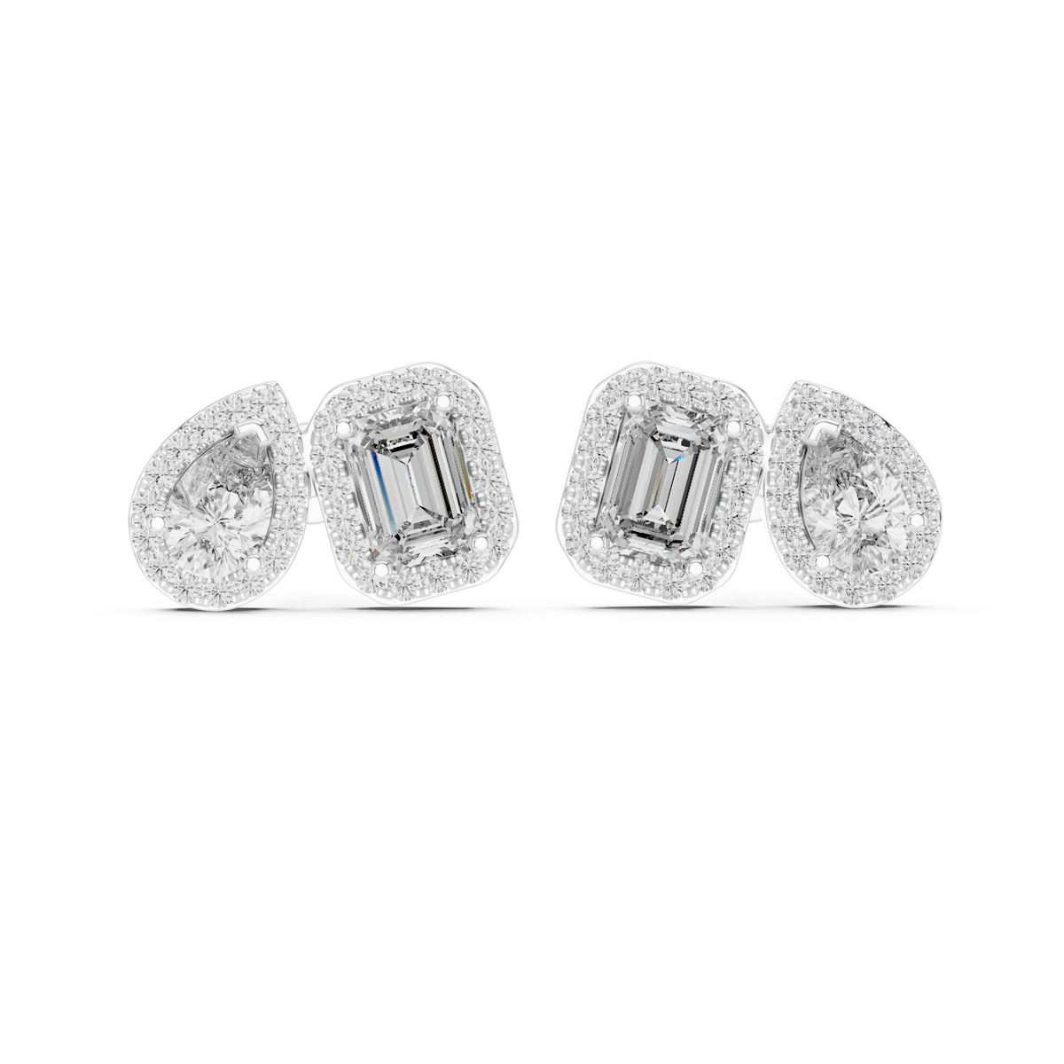 Pear And Emerald Lab Diamond Cluster Earrings Two Stone Halo Studs - View 7