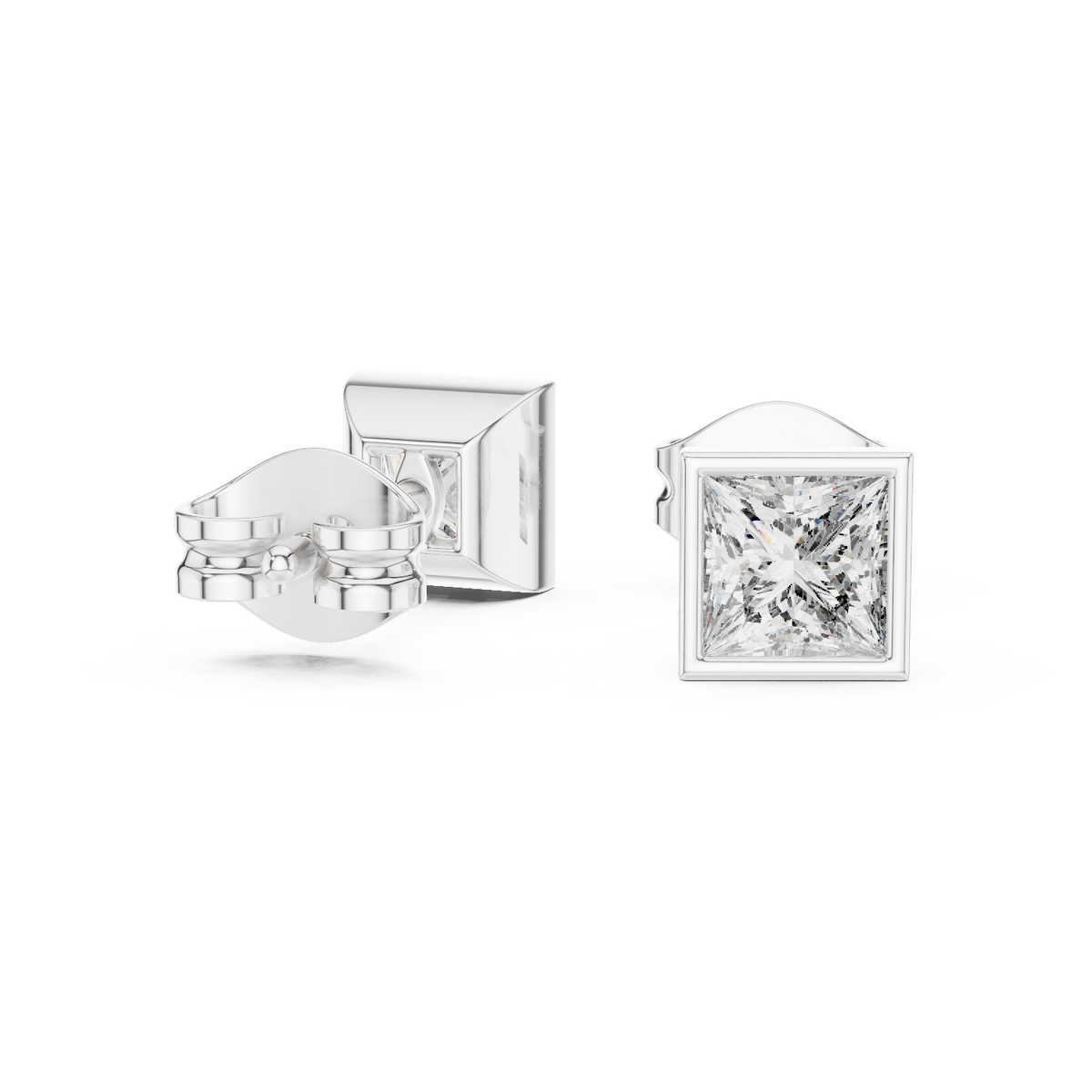Princess Cut Lab Diamond Square Solitaire Stud Earrings with Bezel - View 4
