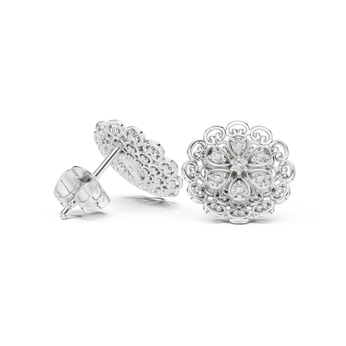 Vintage Lace Floral Round Lab Diamond Stud Earrings with Filigree Detailing - View 7