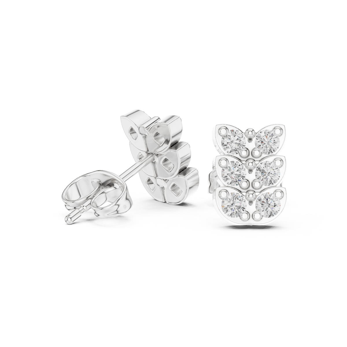 Butterfly Round Lab Diamond Stud Earrings with Triple Row Brilliant Design - View 7