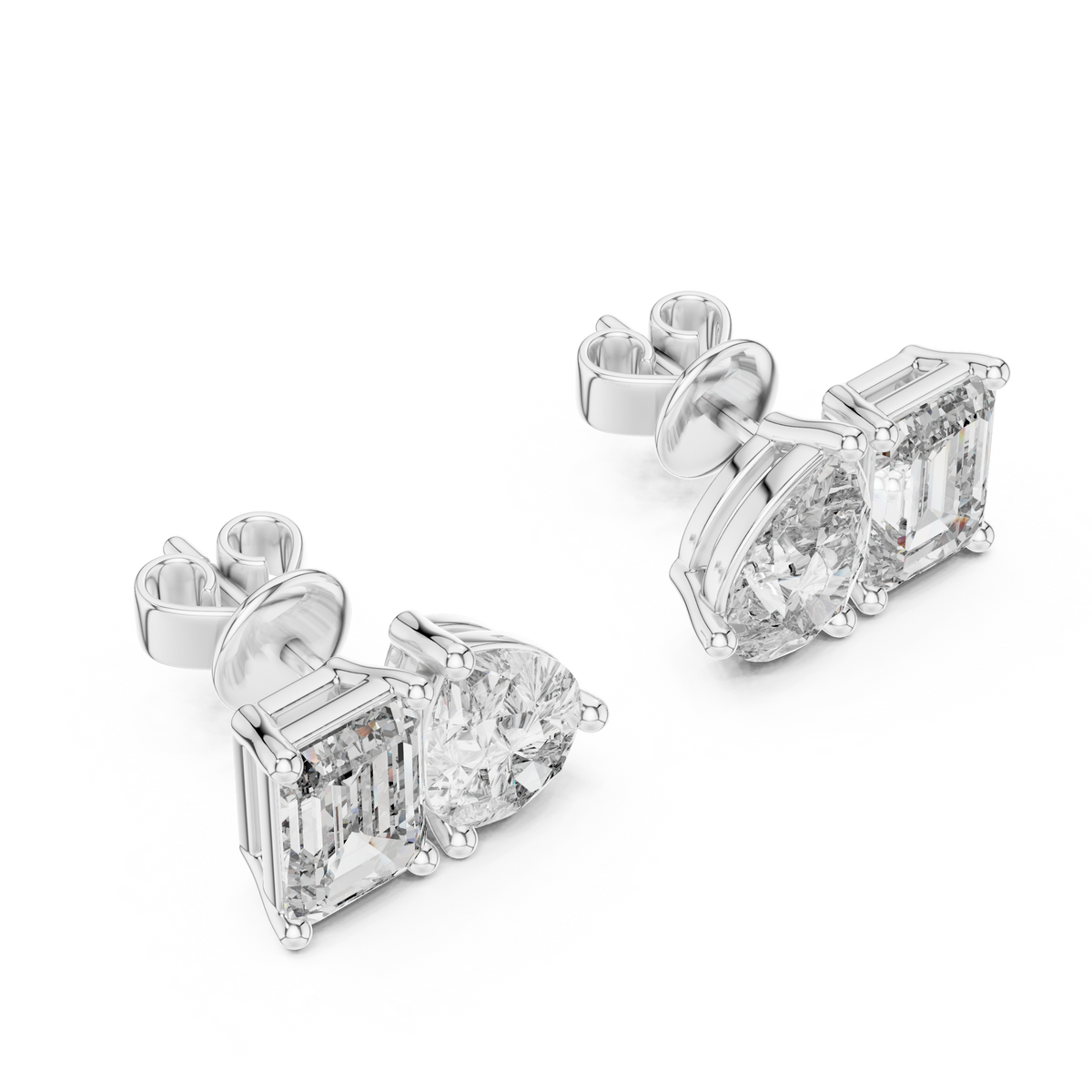 Modern Lab Diamond Stud Earrings Featuring Emerald Cut and Pear Cut Duo - View 7