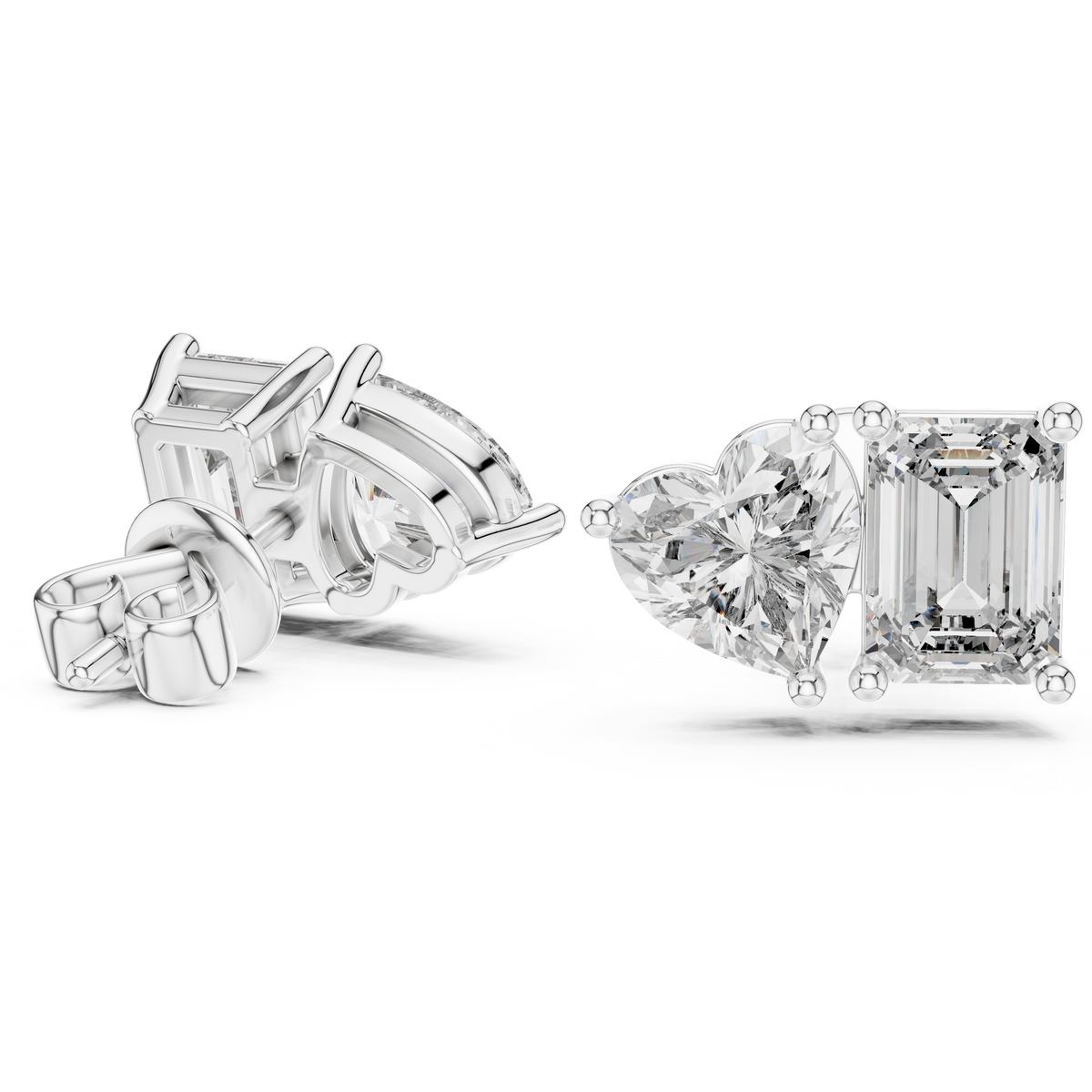 Dual Spark Heart & Emerald Cut Lab Diamond Stud Earrings - View 4