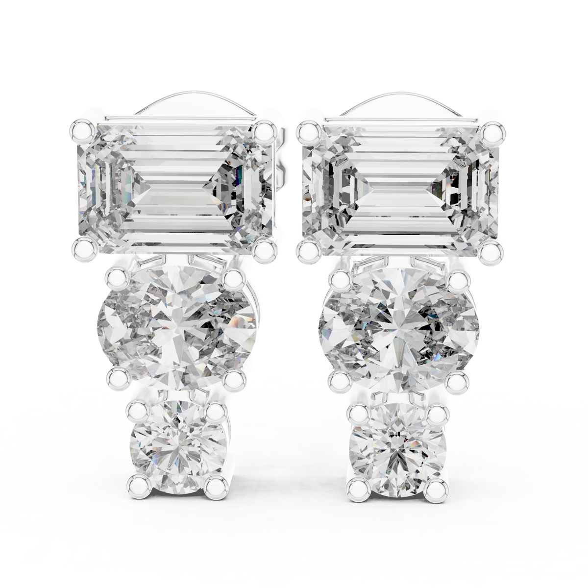Graduated Three Stone Emerald Oval And Round Lab Diamond Drop Earrings Linear Studs - View 10