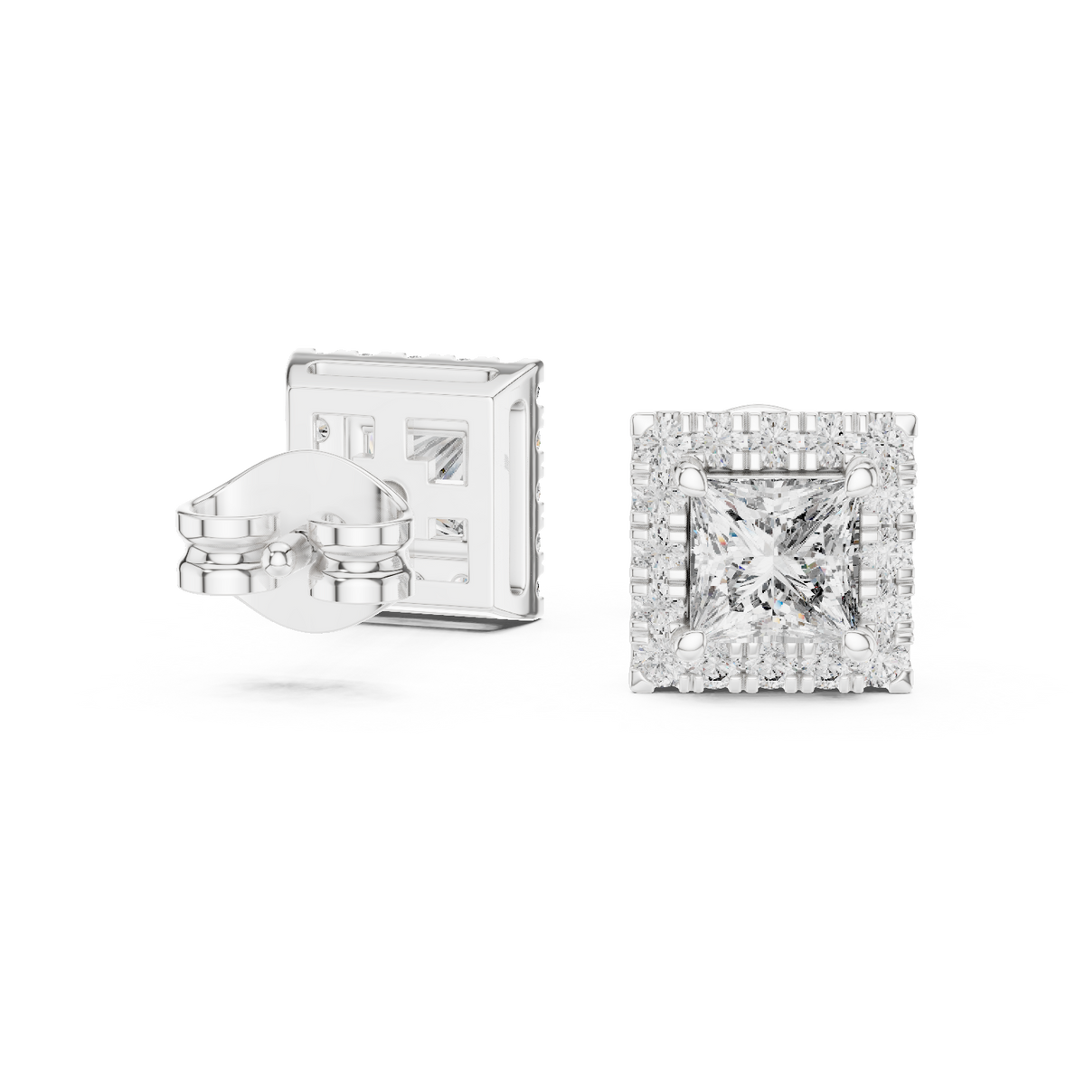 Royal Square Princess Lab Diamond Stud Earrings with Halo Round Diamond - View 4