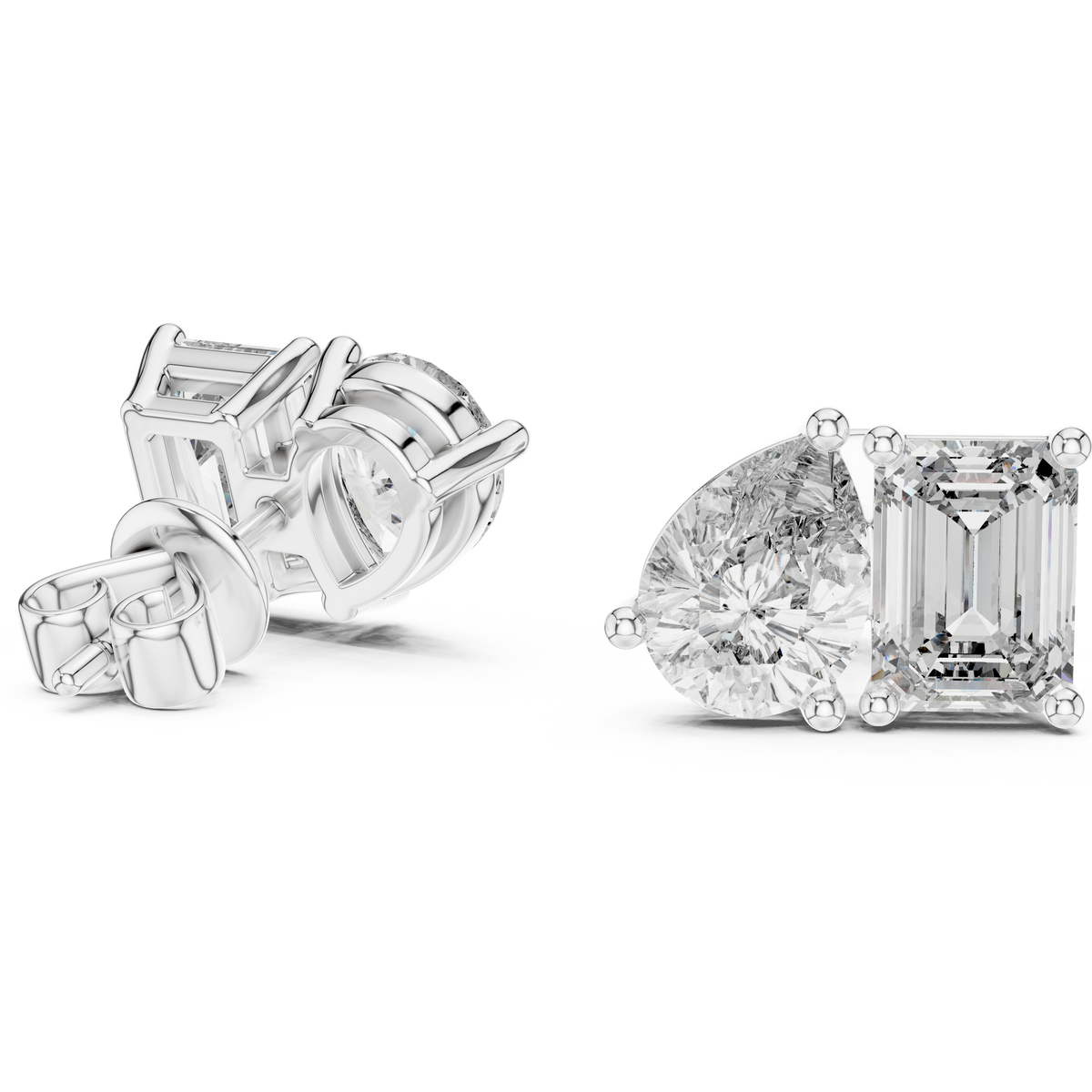 Modern Lab Diamond Stud Earrings Featuring Emerald Cut and Pear Cut Duo - View 4
